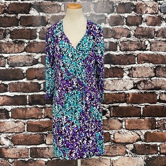 Laundry by Shelli Segal Midi Dress V Neck Polka Dots Blue Purple Size 10 - Picture 5 of 16